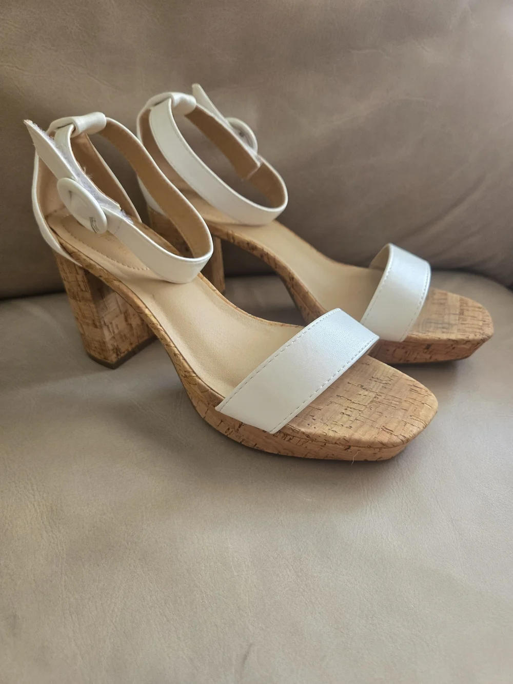 White Cork Block Heel Sandals with Velcro Ankle Strap